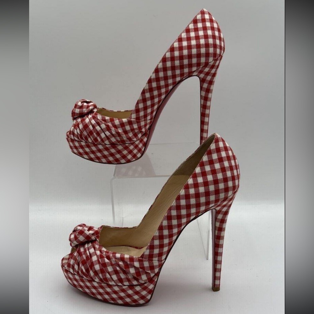Christian Louboutin Red Checkered High Heel Pumps size 38.5 - US 8 1/2! Worn 1 X - Picture 5 of 8